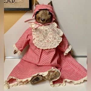 Vintage Artisan Hand Crafted Female Baby Doll Pink Dress Rabbit Head Baroque